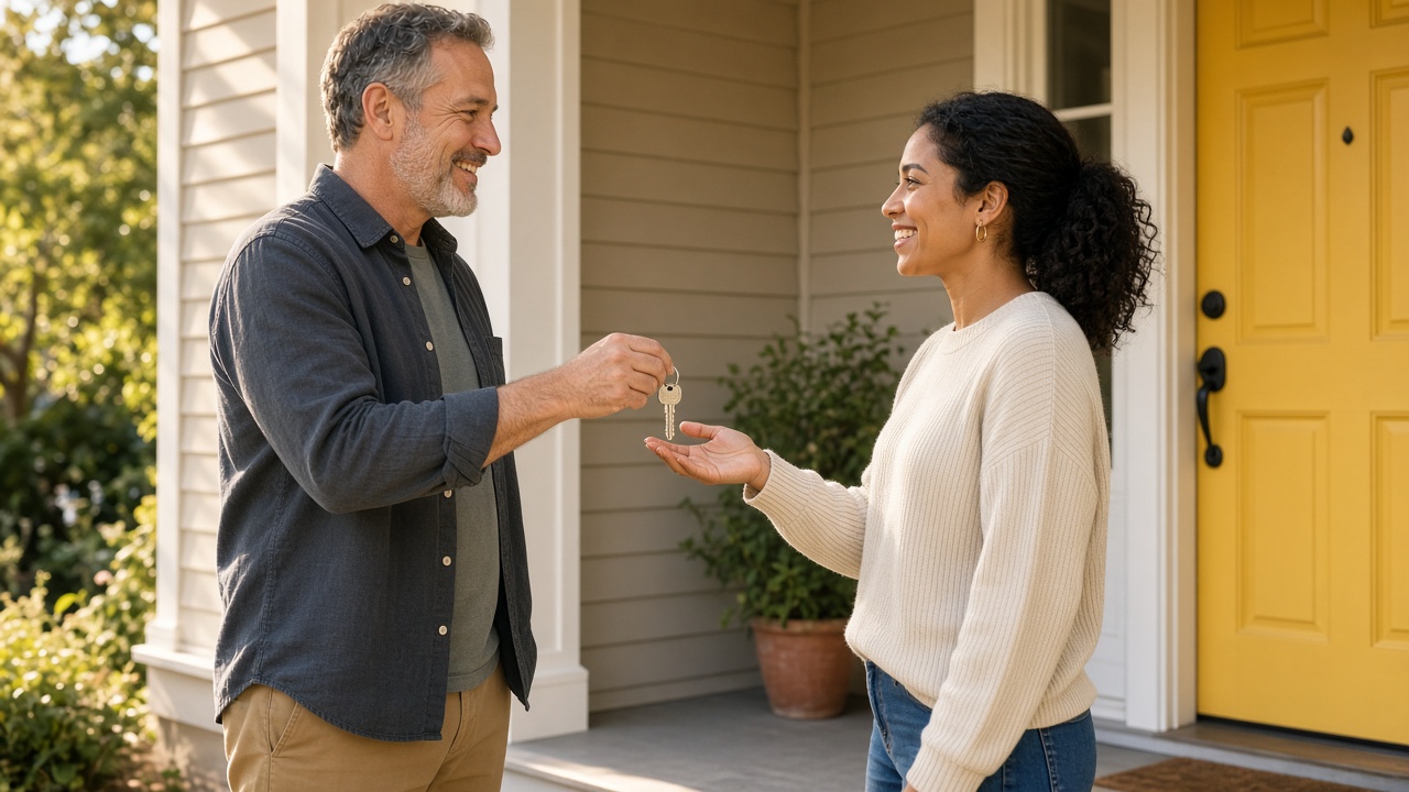 A landlord handing keys to a tenant at a bright front door
